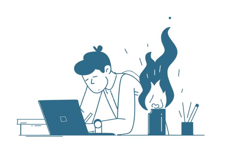 man at laptop with cup coffee on fire