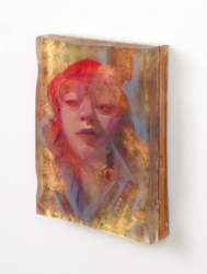 9x12x2.5<br>
Mixed media and gold leaf in layered ArtResin<br><br>
A side view allows the viewer to see the process of my work, naked and exposed, and mysterious for all of that. Can't You See That I Am Not Afraid by Marc Scheff