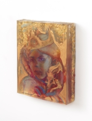 11x14x3.5<br>
Ready to hang on a standard 15lb hook<br>
Mixed media and gold leaf in layered ArtResin<br><br>
The side view, again, allows a view into the layering process. As I state in my bio, my work focuses on the vulnerability of these layers, while encasing them in archival non-yellowing hard to destruct material. Mad About You by Marc Scheff