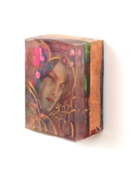 5x7x4<br>
Mixed media, gold leaf, and injected glue in layered ArtResin<br><br>
This side view allows you to see some of the materials embedded or injected in the work. Permanent Sunshine by Marc Scheff