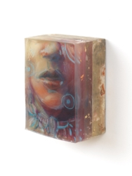 SOLD<br>
5x7x4<br>
Mixed media, gold leaf, in layered ArtResin<br><br>
This piece was created in response to a certain kind of world movement, one that I believe is harmful and must end. I think the idea that art is not political is laughable. Art is political, it's whether we cop to it or not that's on the table.<br>As ever, each layer is sanded, worked upon, and then resealed in a resin layer. In person, these layered effects mesmerize the viewer. You can't simply walk by without stopping to see how it works. Rule The World by Marc Scheff