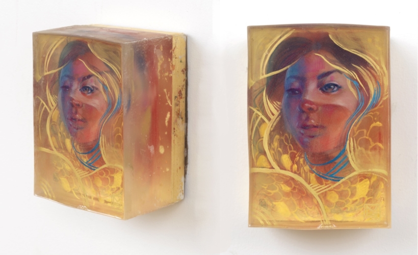 SOLD<br>
5x7x4<br>
Mixed media, gold leaf, in layered ArtResin<br><br>
This was a joy to create. Sometimes the struggle of exploration reveals moments of tranquil creation. This was one of those moments for me.
<br>As ever, each layer is sanded, worked upon, and then resealed in a resin layer. In person, these layered effects mesmerize the viewer. You can't simply walk by without stopping to see how it works. See It Coming, by Marc Scheff
