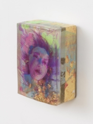 5x7x4<br>
Mixed media, gold leaf, and injected glue in layered ArtResin<br><br>
This side view allows you to see some of the materials embedded or injected in the work. So Much Time by Marc Scheff