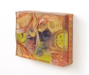 14x11x3
Mixed media and gold leaf in layered ArtResin
This side view gives the viewer a brief idea of how the work on each layer moves independently of the rest.